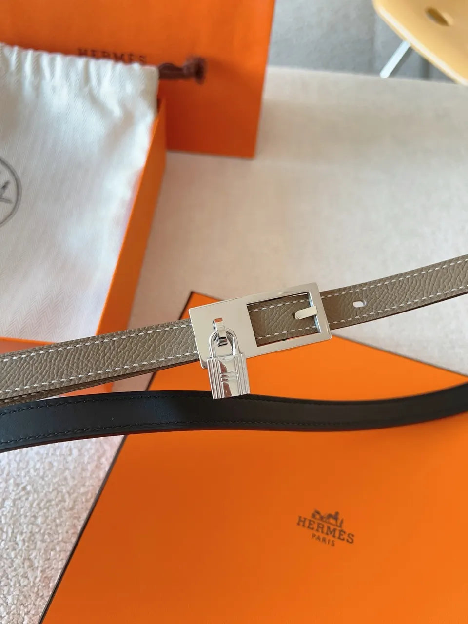 Hermes Taupe Leather Padlock Belt - Hình 4