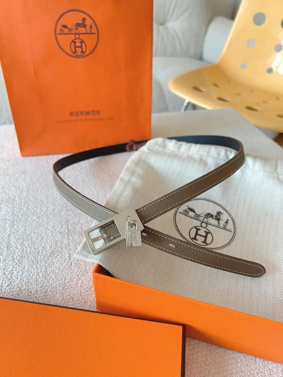 Hermes Taupe Leather Padlock Belt - Hình 5