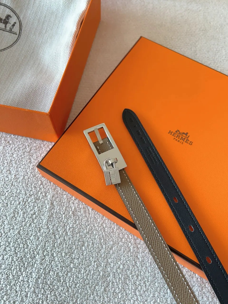Hermes Taupe Leather Padlock Belt - Hình 6