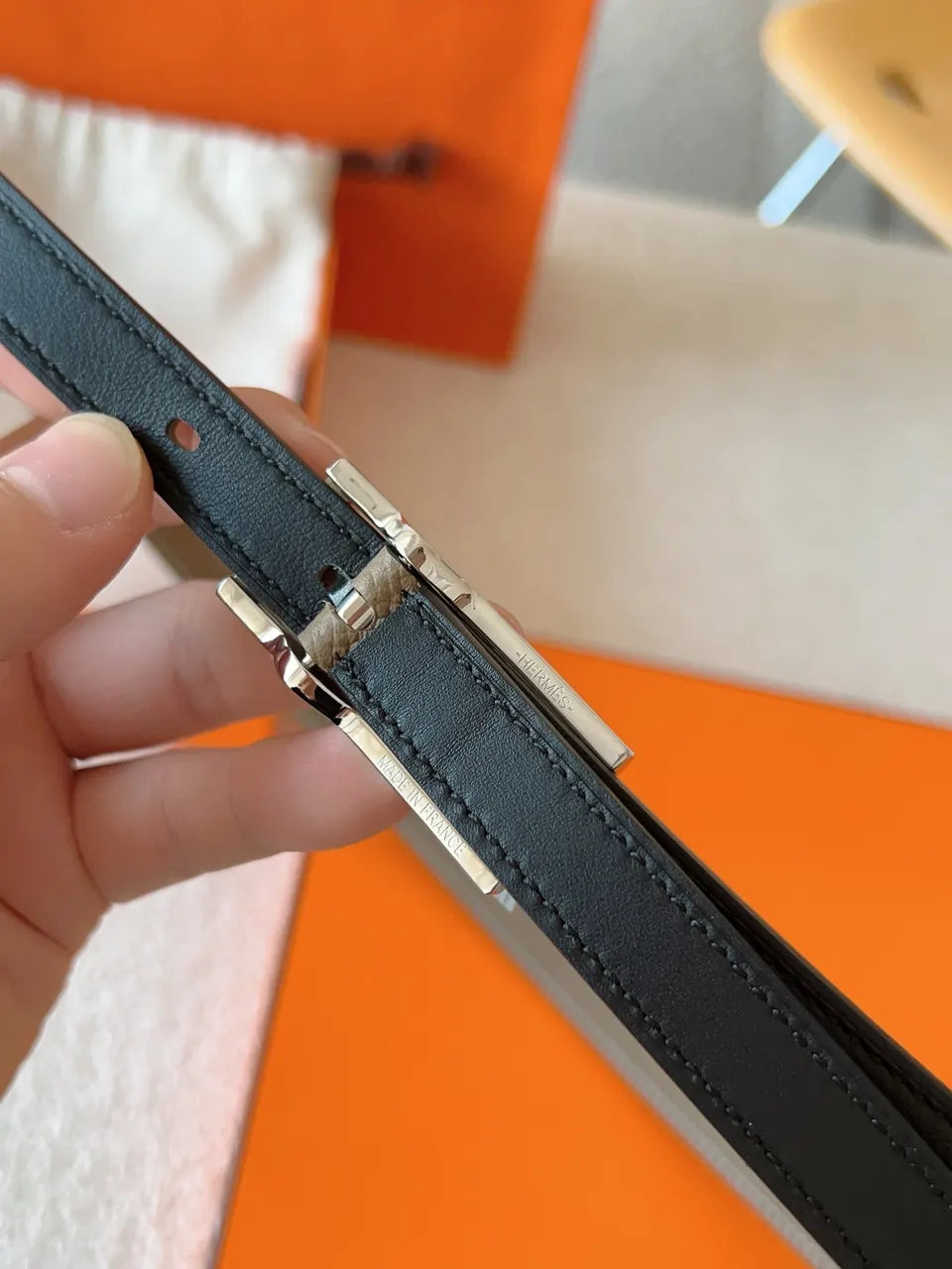 Hermes Taupe Leather Padlock Belt - Hình 7