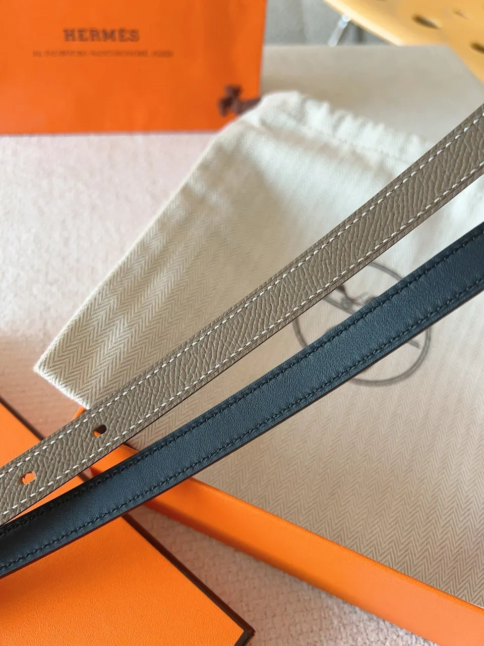 Hermes Taupe Leather Padlock Belt - Hình 8