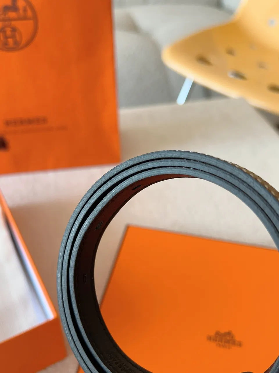 Hermes Taupe Leather Padlock Belt - Hình 9