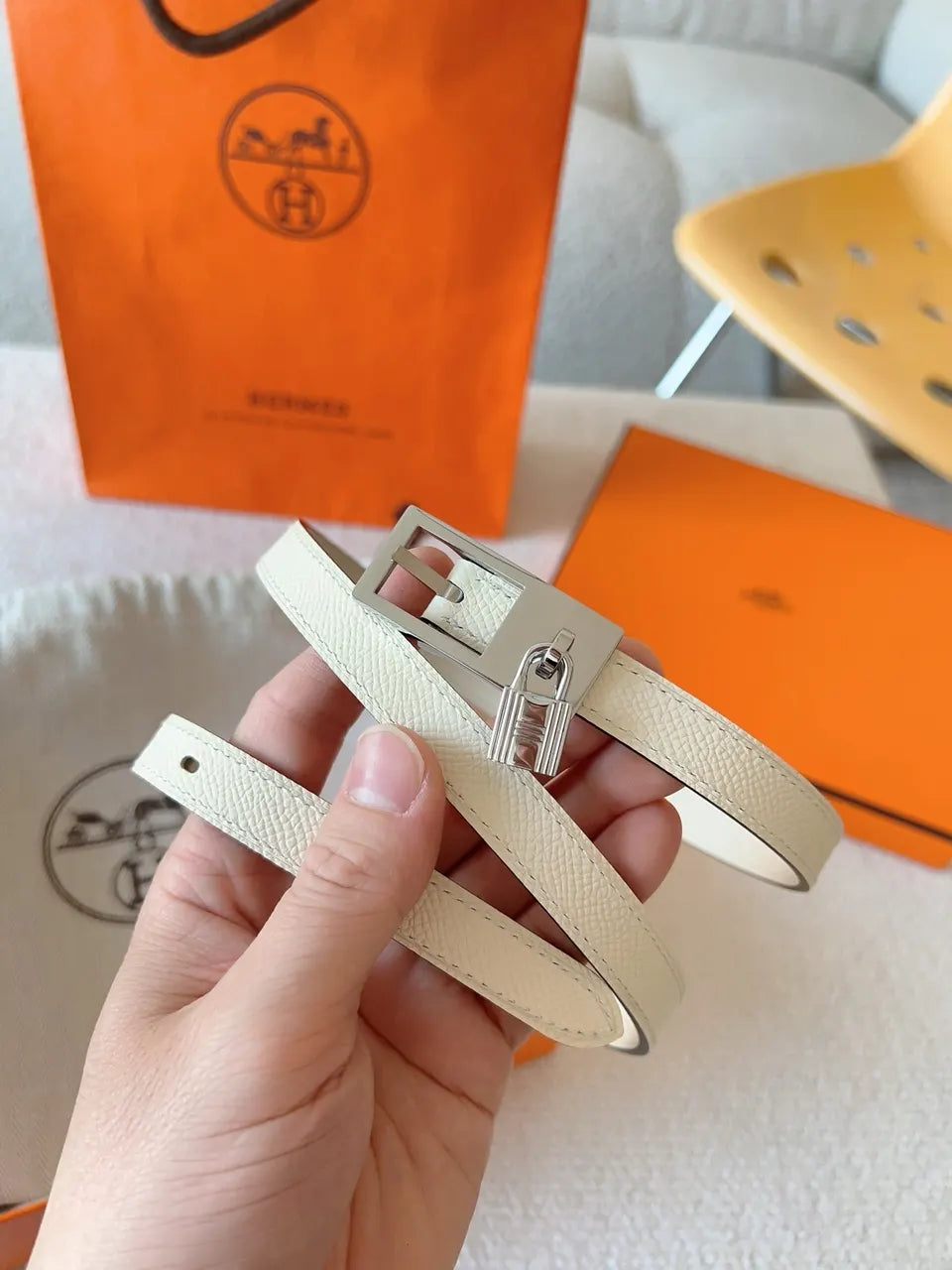 Hermes White Leather Mini Belt