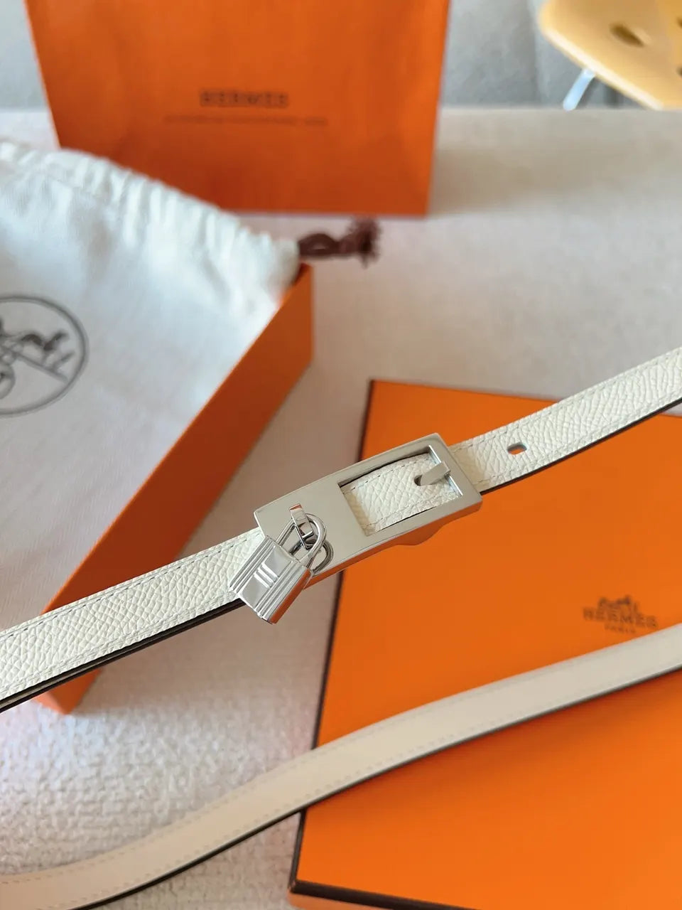 Hermes White Leather Mini Belt - Hình 5