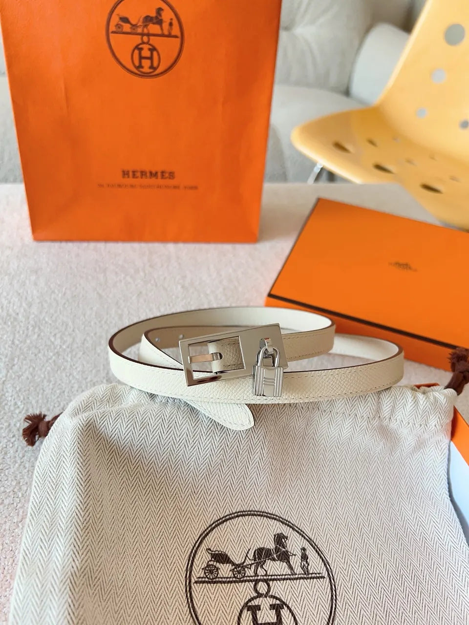 Hermes White Leather Mini Belt - Hình 6