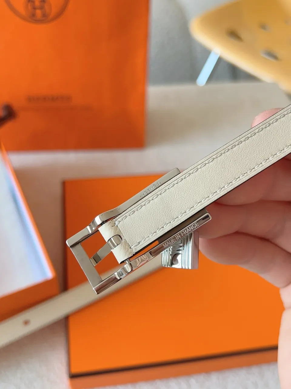 Hermes White Leather Mini Belt - Hình 8