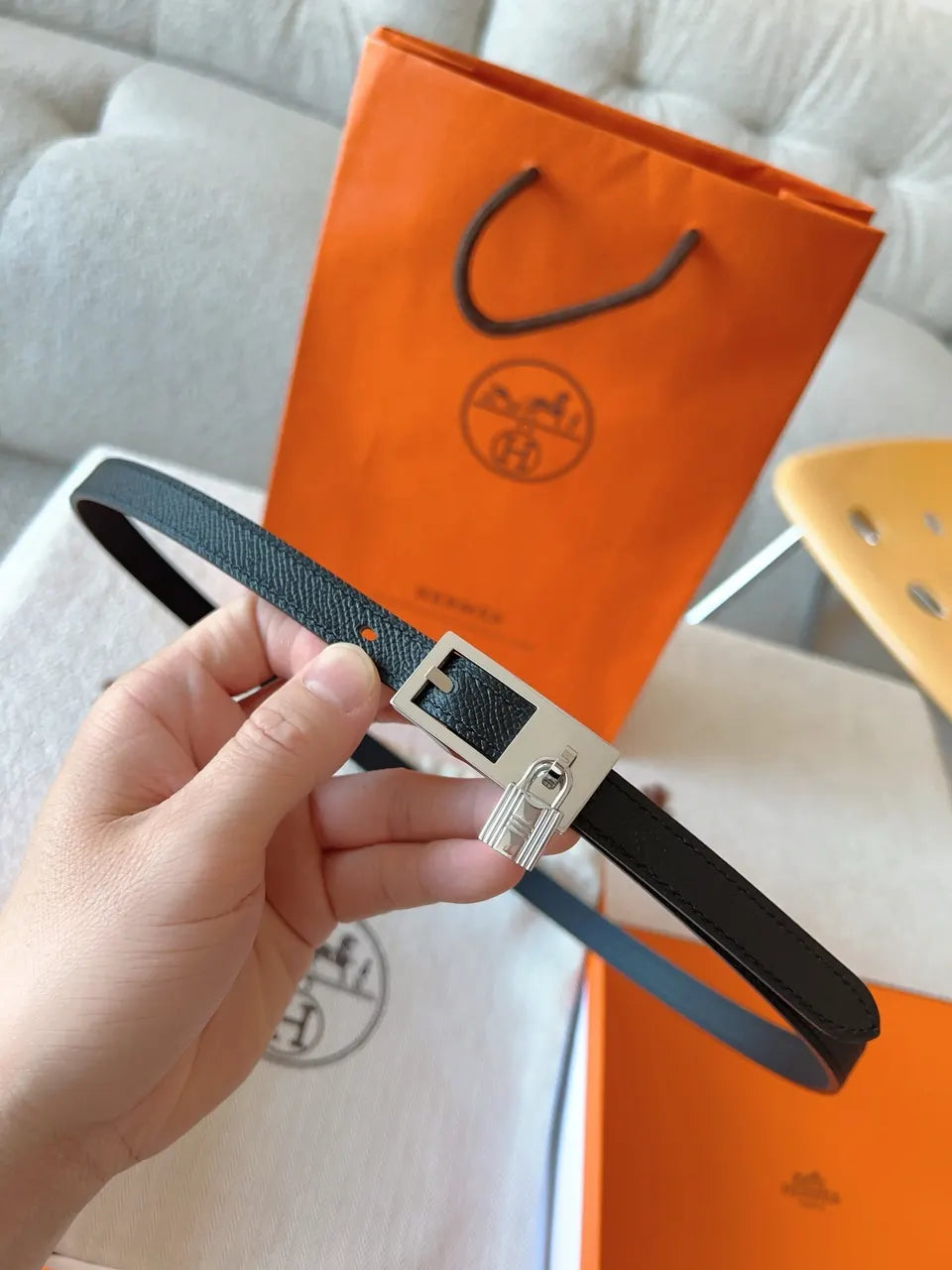 Hermès Black Leather Padlock Belt - Hình 3
