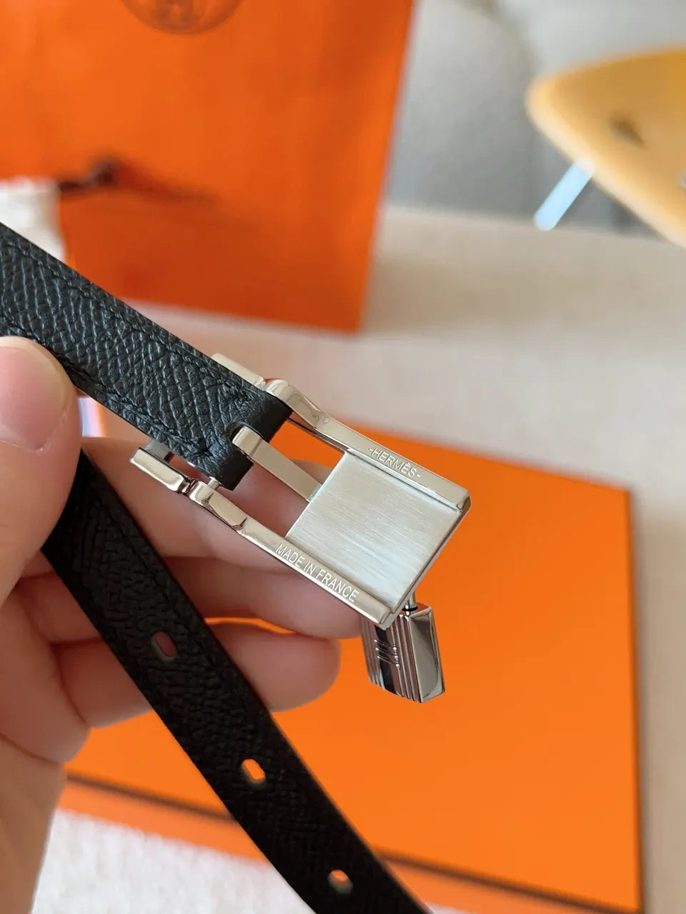 Hermès Black Leather Padlock Belt - Hình 7