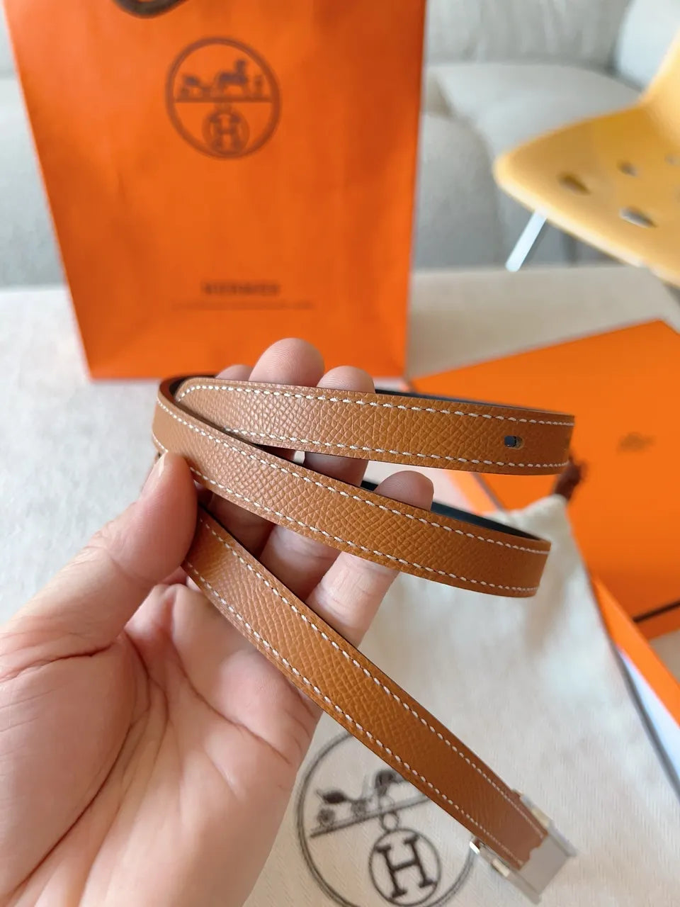 Hermès Gold Togo Leather Belt - Hình 9