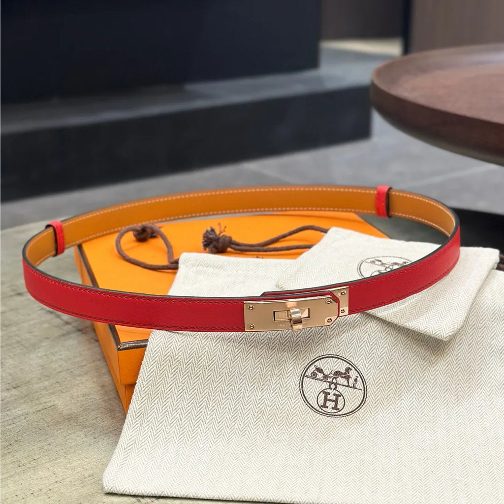 Hermes Red Leather Skinny Belt - Hình 2