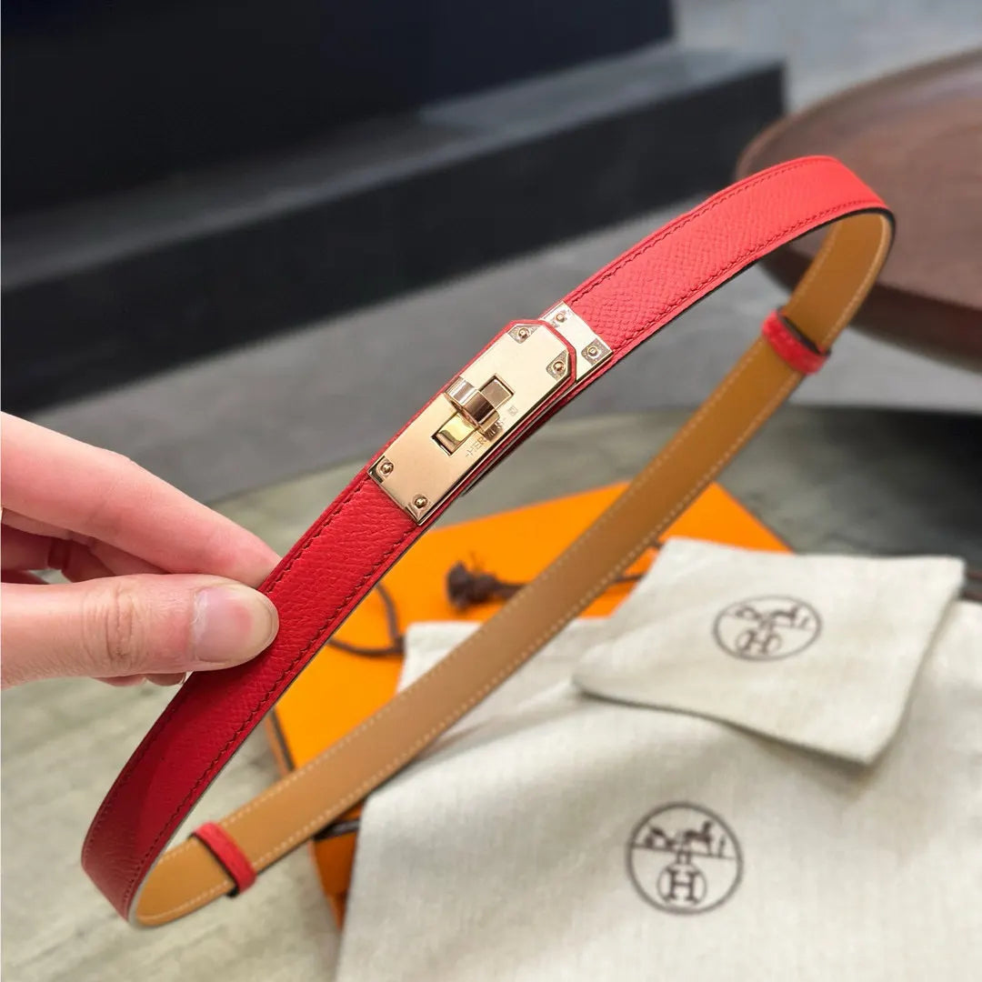 Hermes Red Leather Skinny Belt - Hình 3