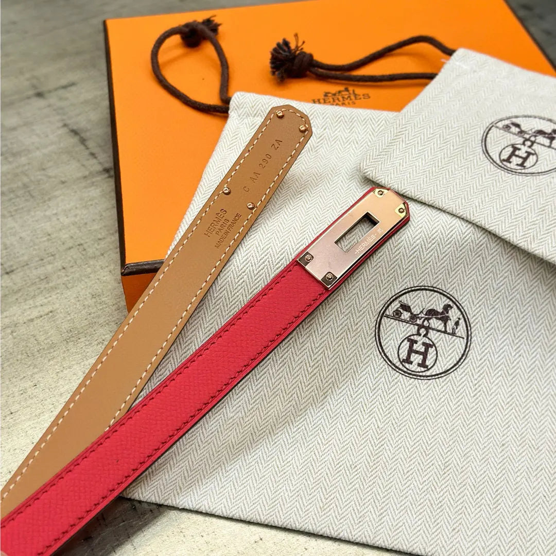 Hermes Red Leather Skinny Belt - Hình 4