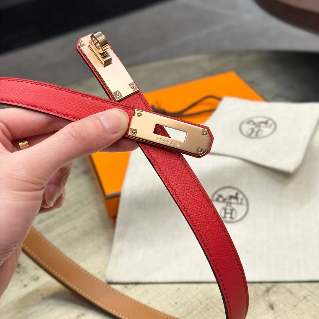 Hermes Red Leather Skinny Belt - Hình 5