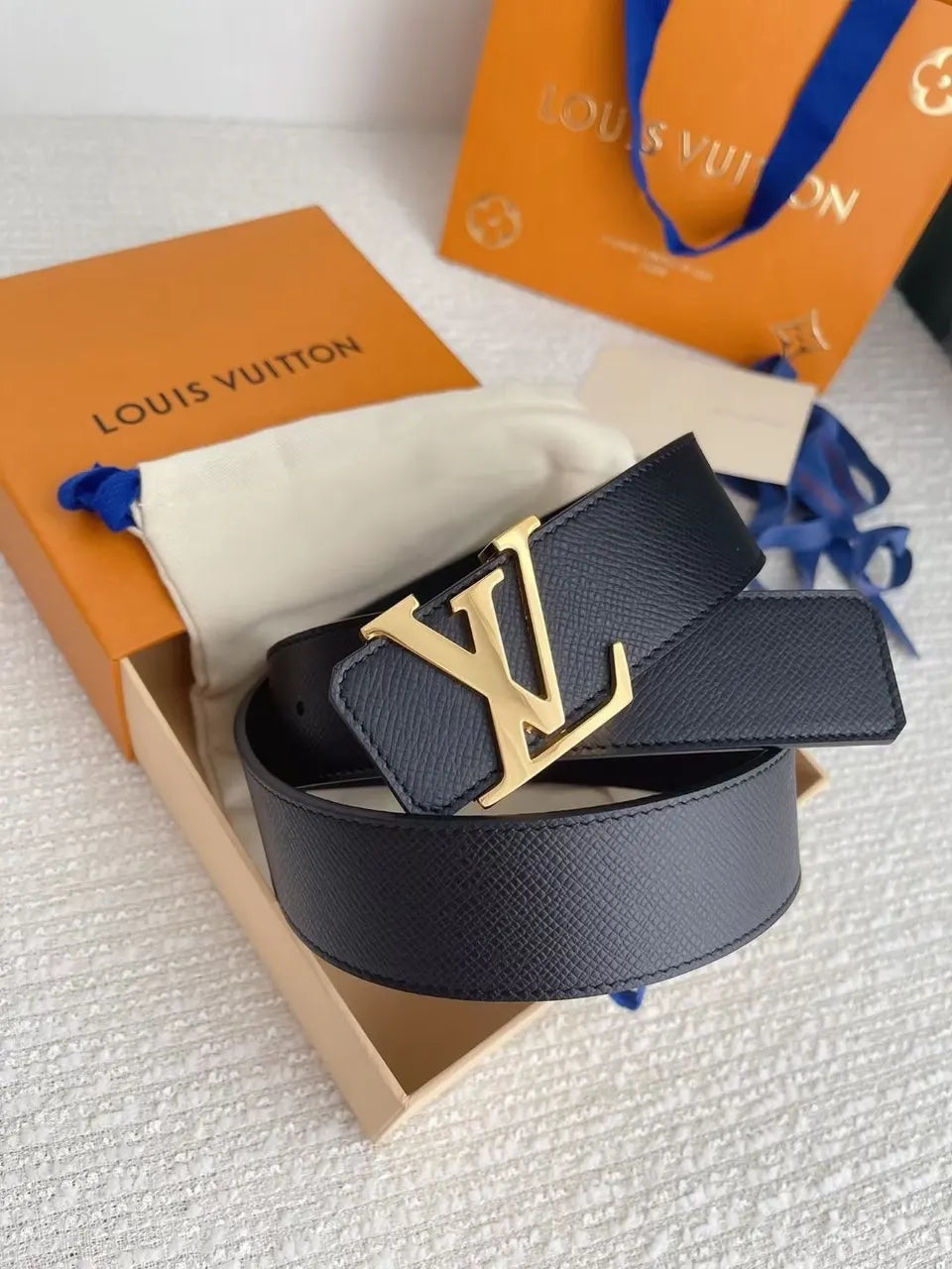Navy Leather Belt Gold LV