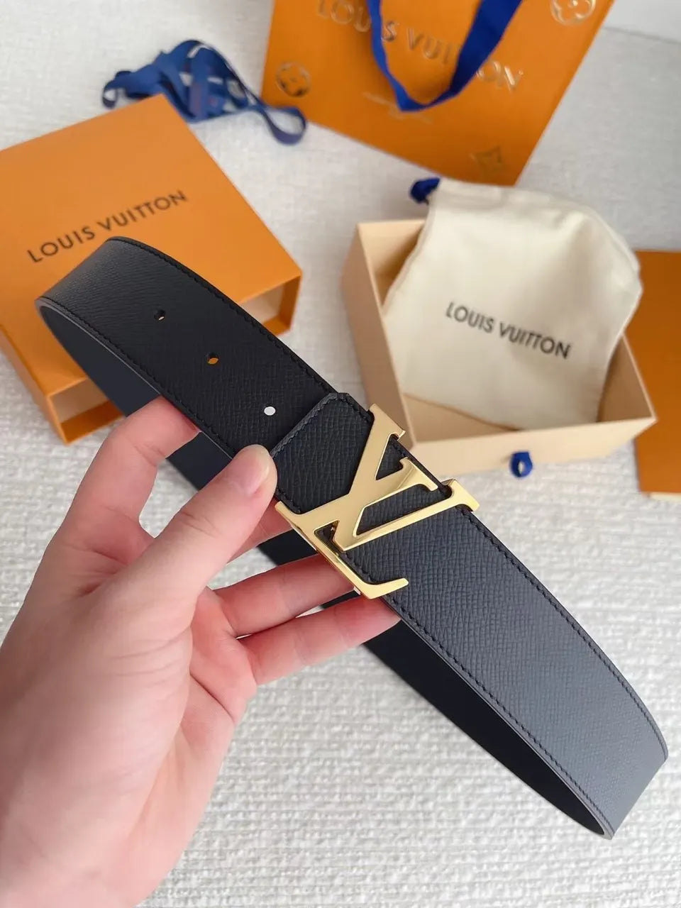 Navy Leather Belt Gold LV - Hình 2