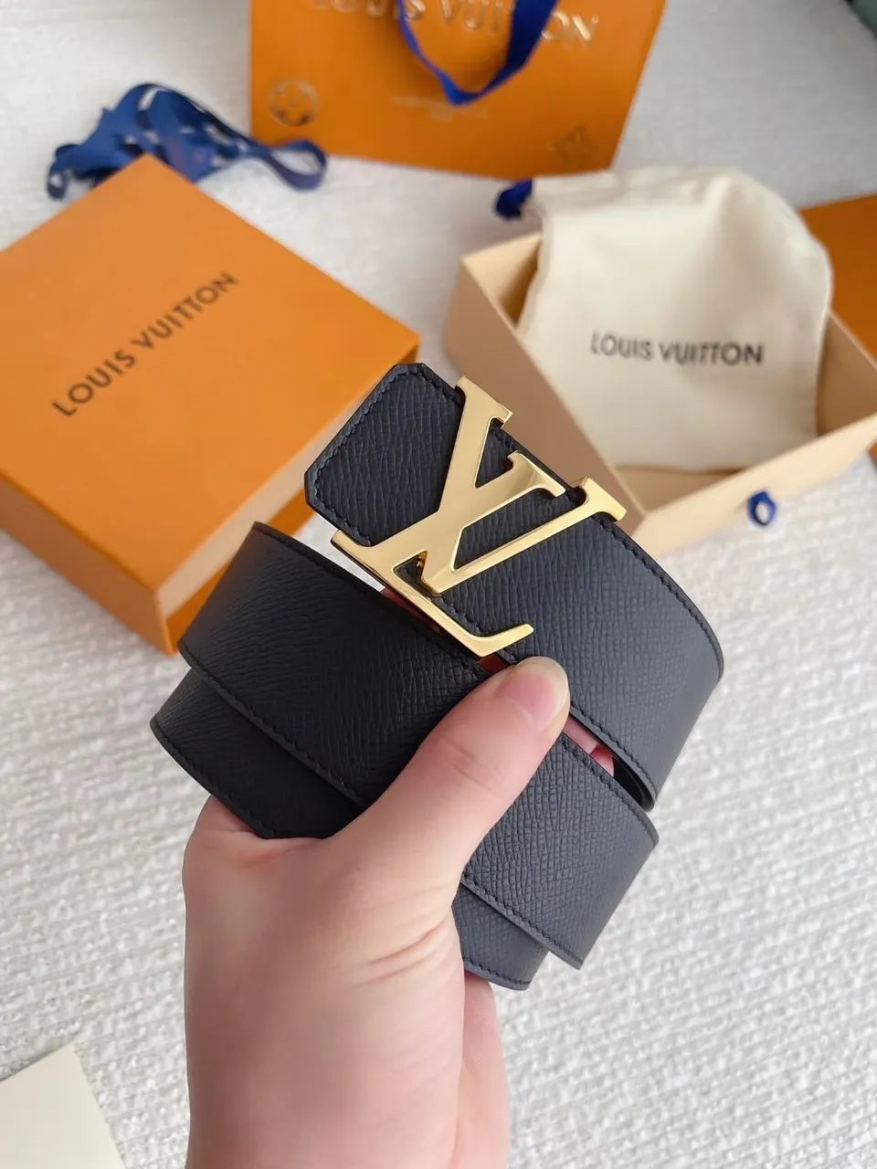 Navy Leather Belt Gold LV - Hình 3