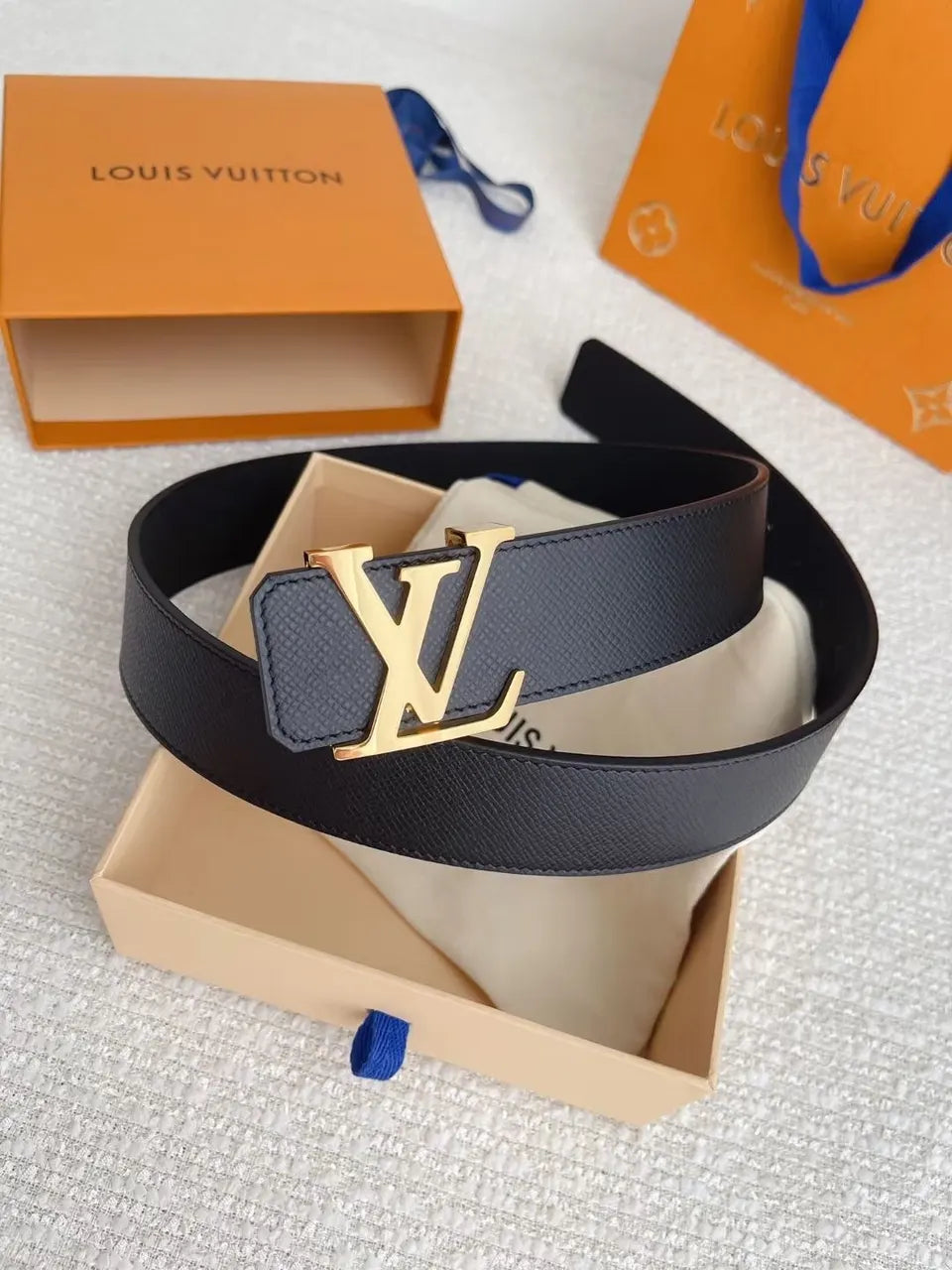 Navy Leather Belt Gold LV - Hình 4