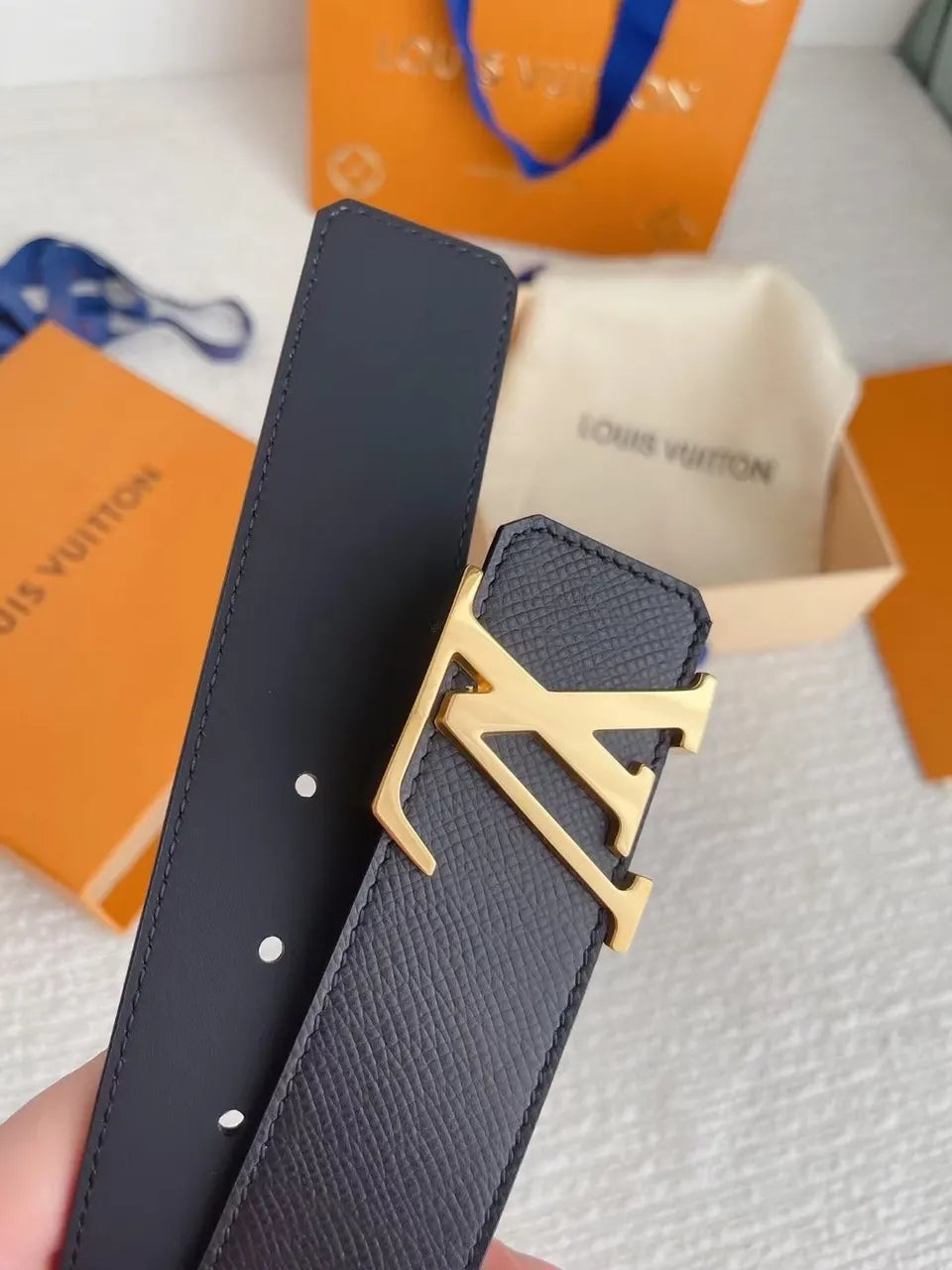 Navy Leather Belt Gold LV - Hình 5
