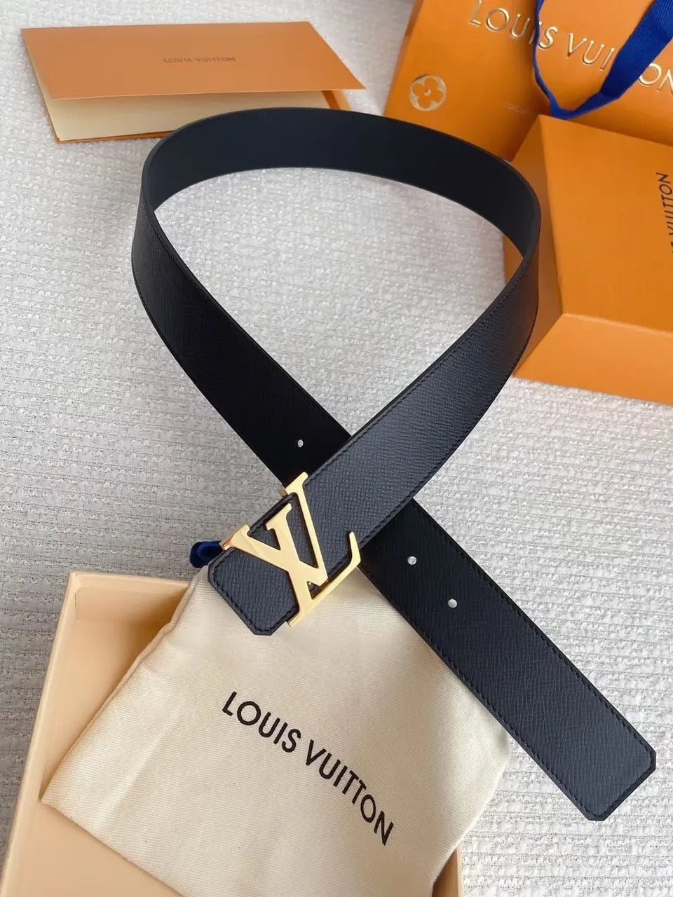 Navy Leather Belt Gold LV - Hình 6