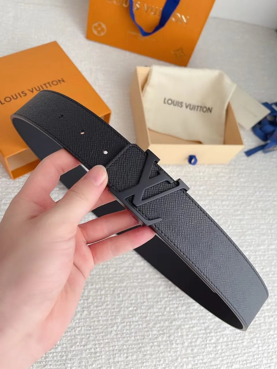 LV Grained Leather Black Belt - Hình 2