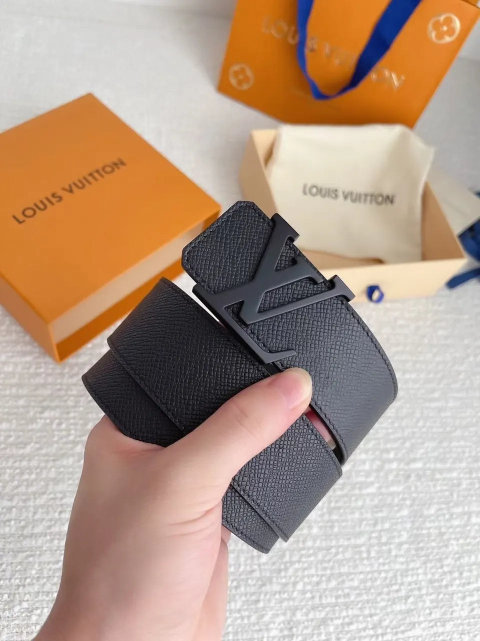 LV Grained Leather Black Belt - Hình 3
