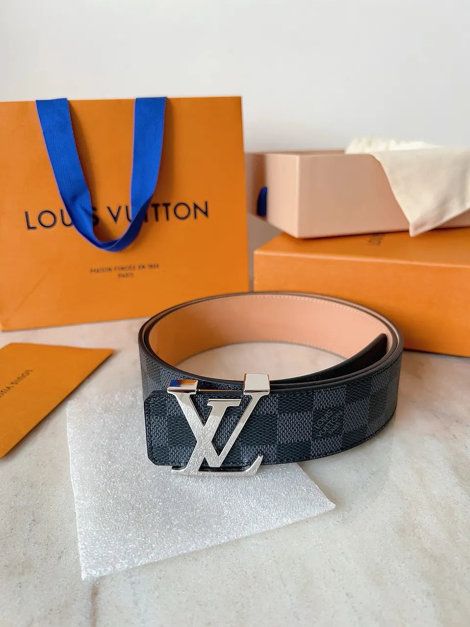 silver lv Louis Vuitton Damier Cobalt Belt