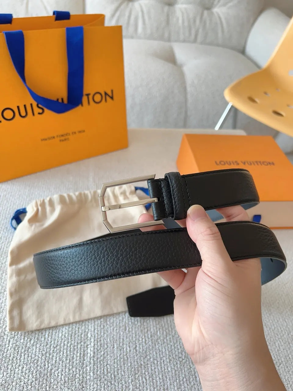 silver Louis Vuitton Black Grained Leather Belt