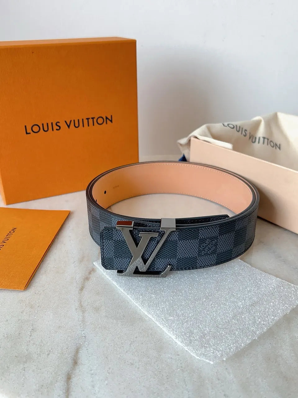 silver lv Louis Vuitton Damier Cobalt Belt - Hình 6