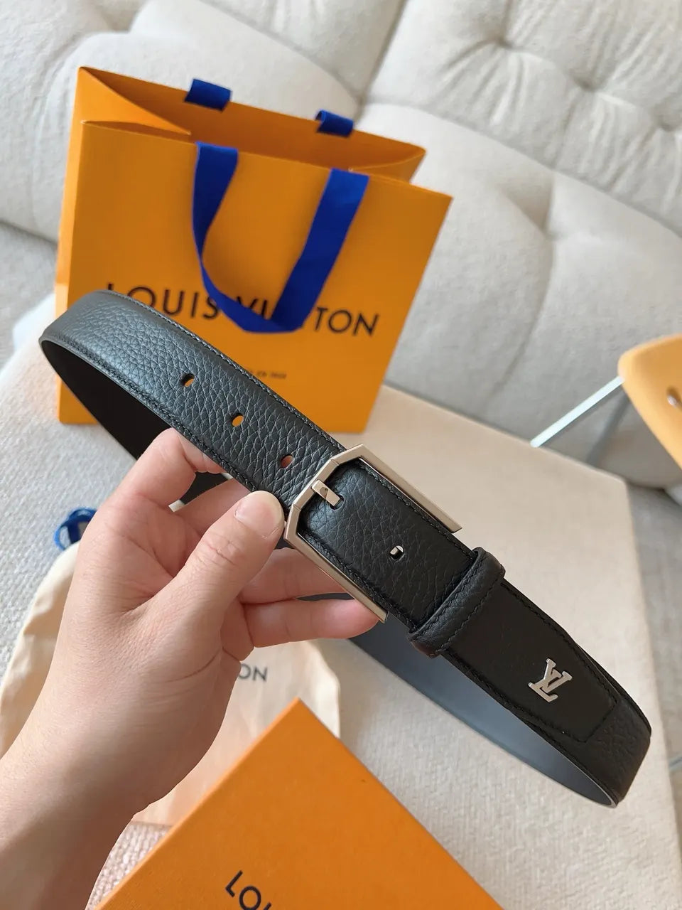 silver Louis Vuitton Black Grained Leather Belt - Hình 2