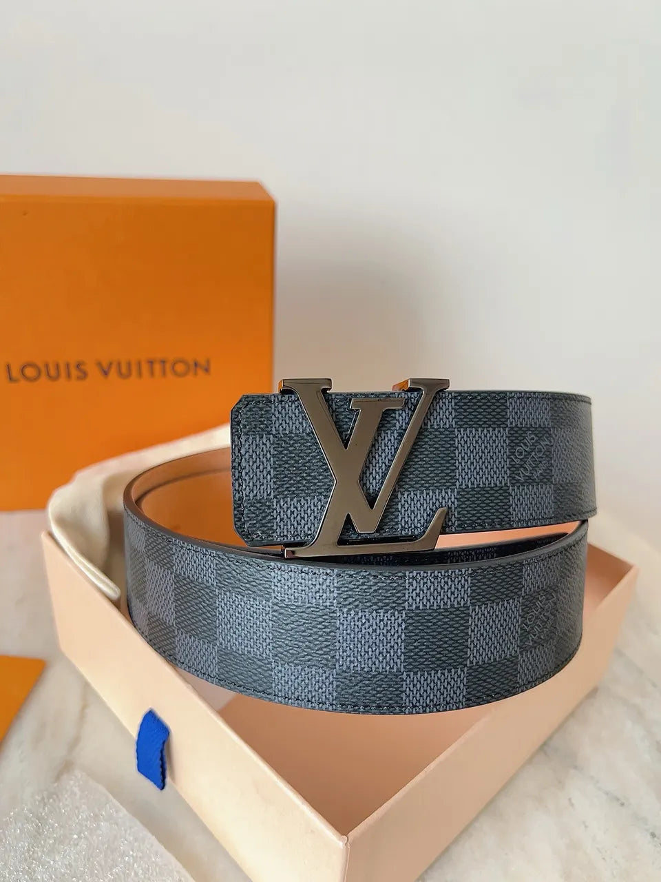 silver lv Louis Vuitton Damier Cobalt Belt - Hình 8