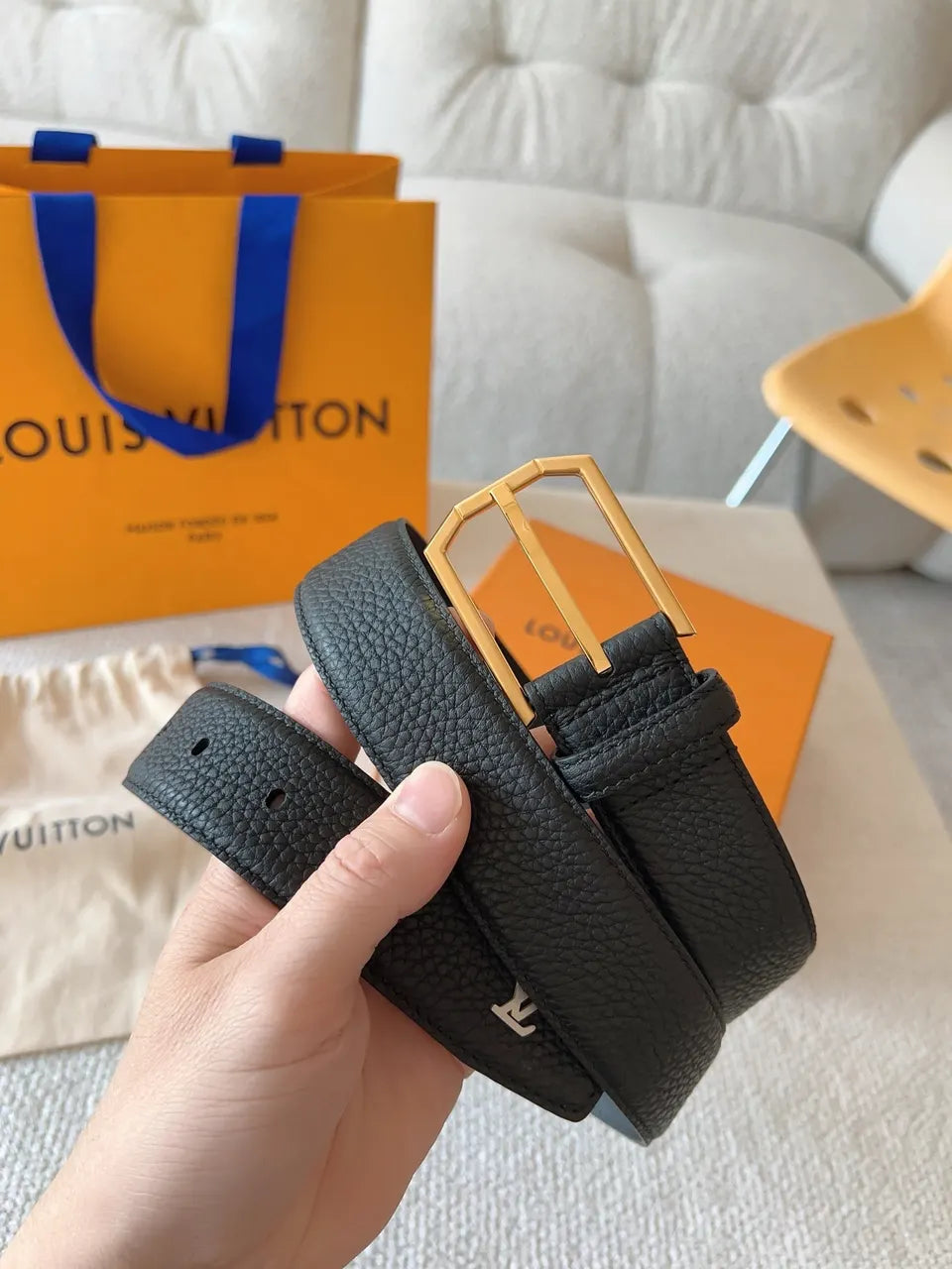 gold rectangular Louis Vuitton Black Leather Belt