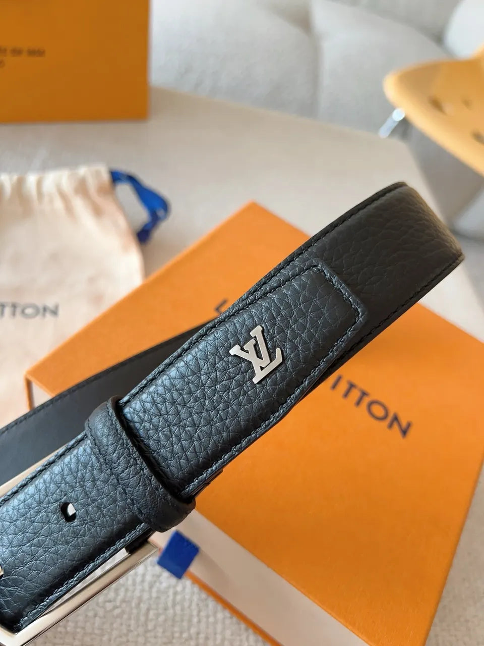 silver Louis Vuitton Black Grained Leather Belt - Hình 6