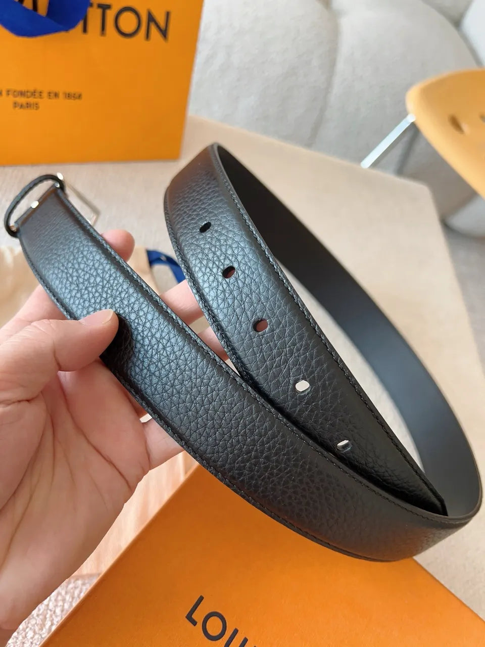 silver Louis Vuitton Black Grained Leather Belt - Hình 7