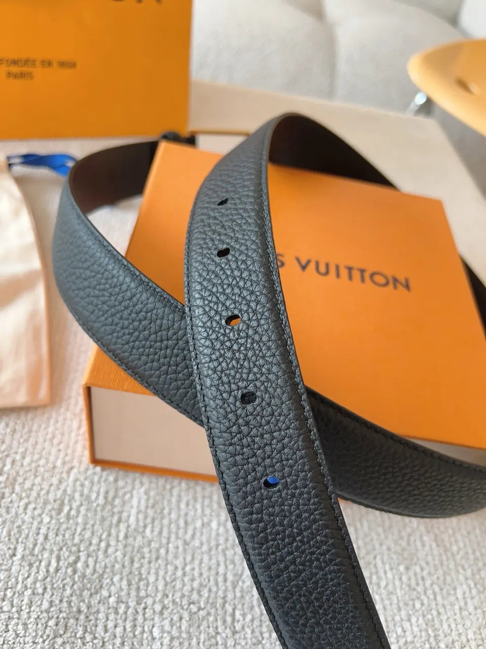 silver Louis Vuitton Black Grained Leather Belt - Hình 8