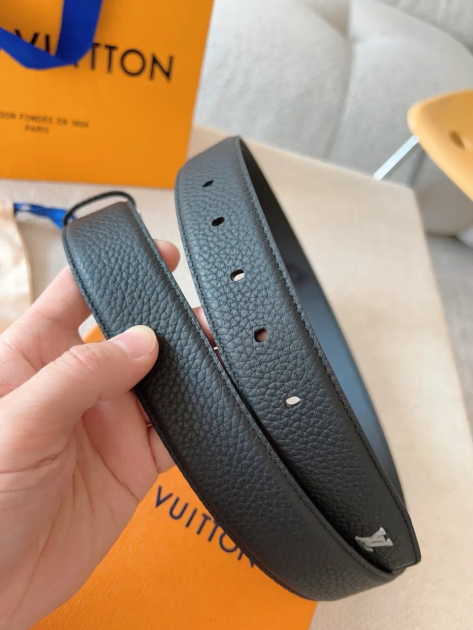 silver Louis Vuitton Black Grain Leather Belt - Hình 2