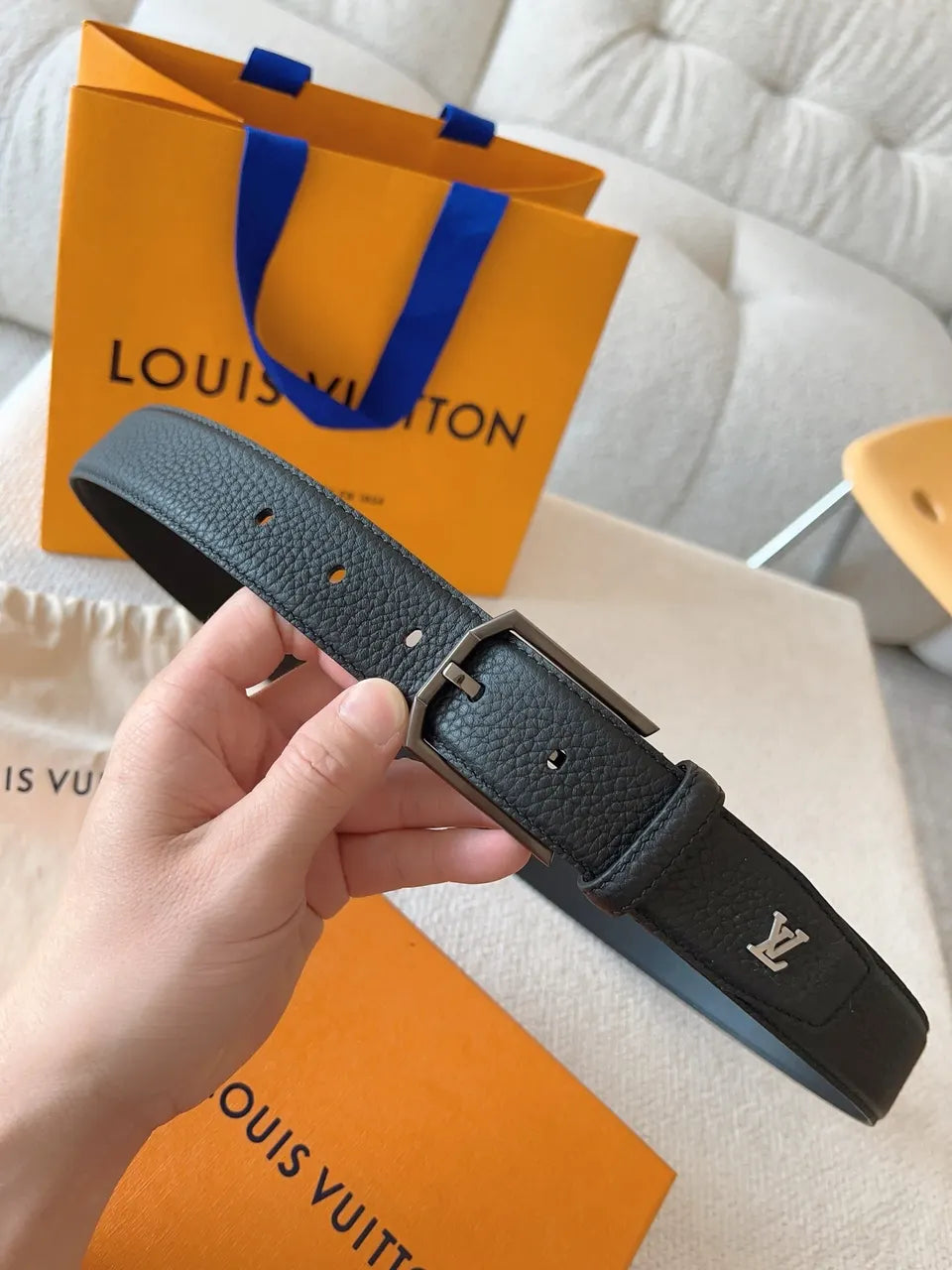 silver Louis Vuitton Black Grain Leather Belt - Hình 4