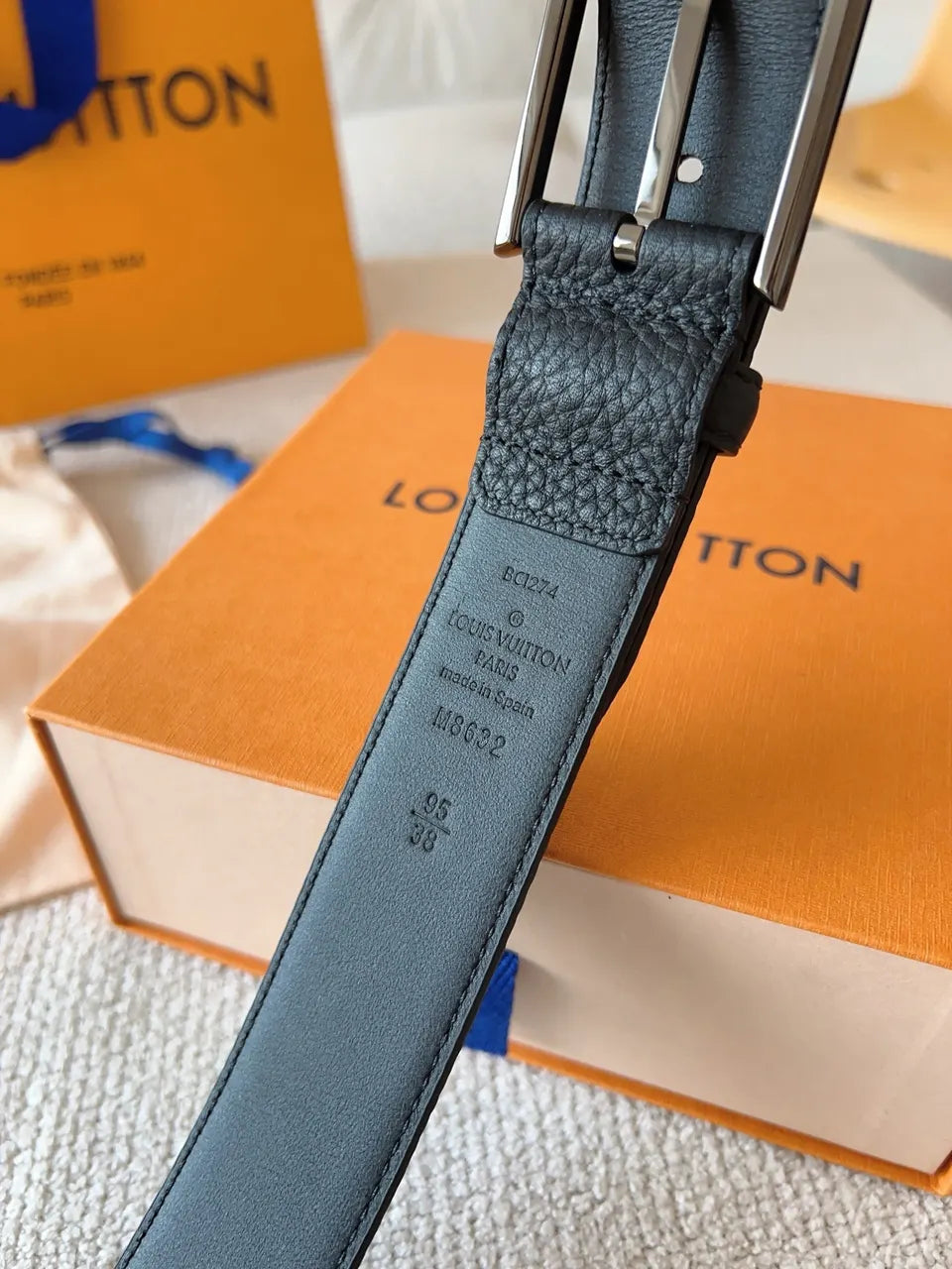 silver Louis Vuitton Black Grain Leather Belt - Hình 9