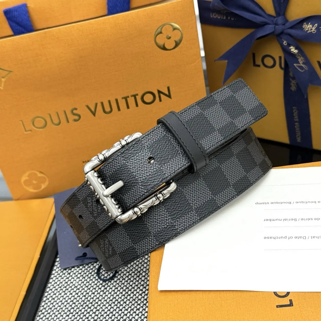 silver ornate Louis Vuitton Damier Infini Belt