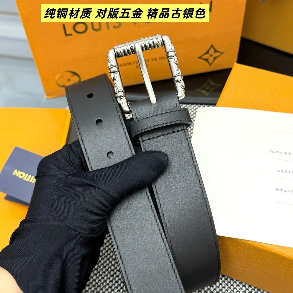 Matte Black Leather Belt Antique Silver Buckle - Hình 2