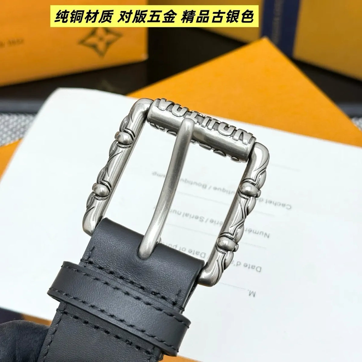 Matte Black Leather Belt Antique Silver Buckle - Hình 3