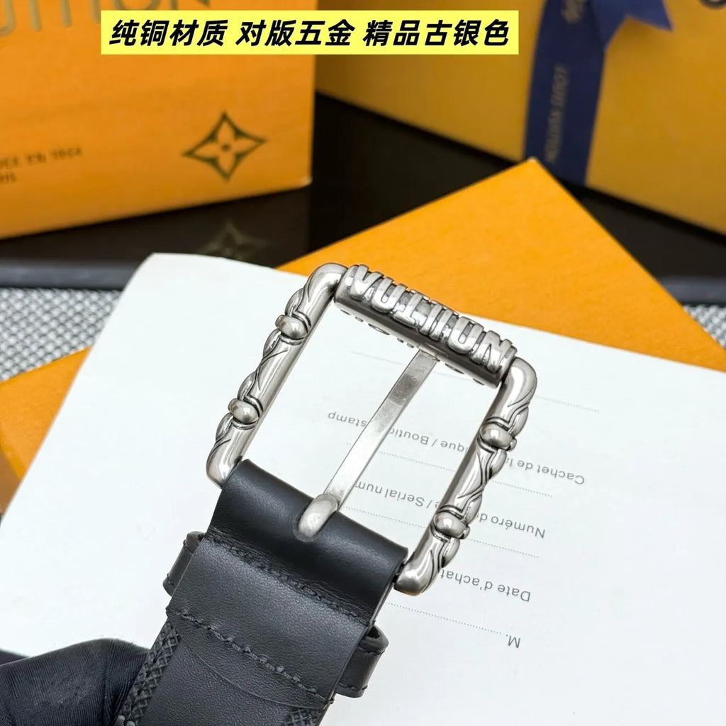 Matte Black Leather Belt Antique Silver Buckle - Hình 5
