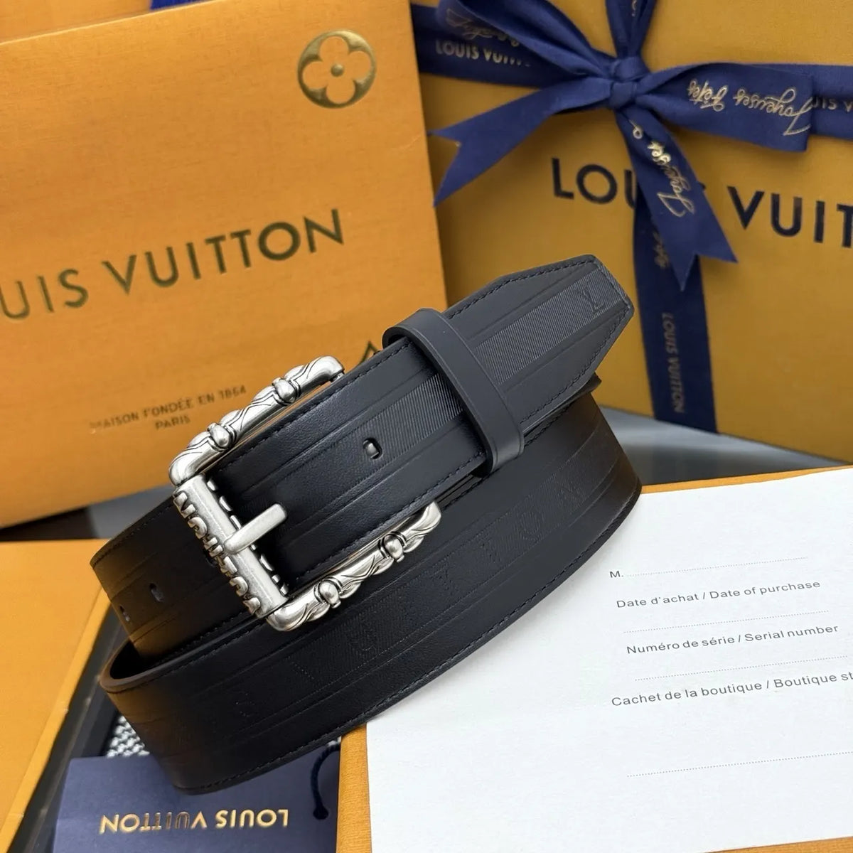 black Louis Vuitton Ornate Buckle Belt