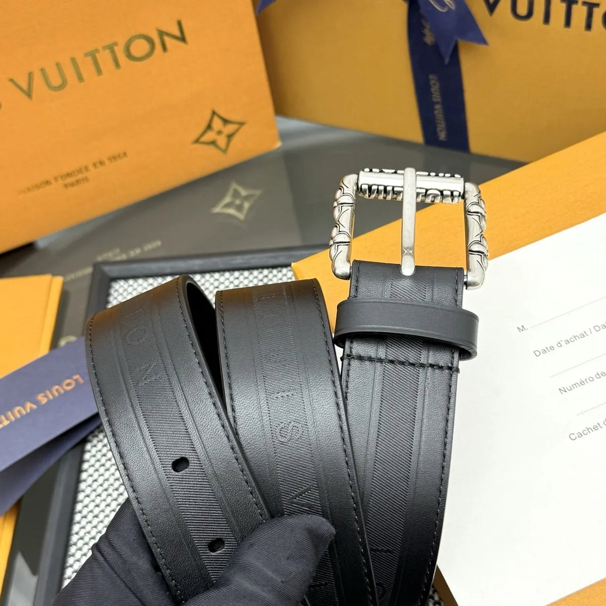 black Louis Vuitton Ornate Buckle Belt - Hình 3