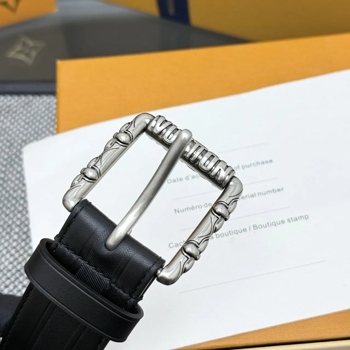 black Louis Vuitton Ornate Buckle Belt - Hình 4