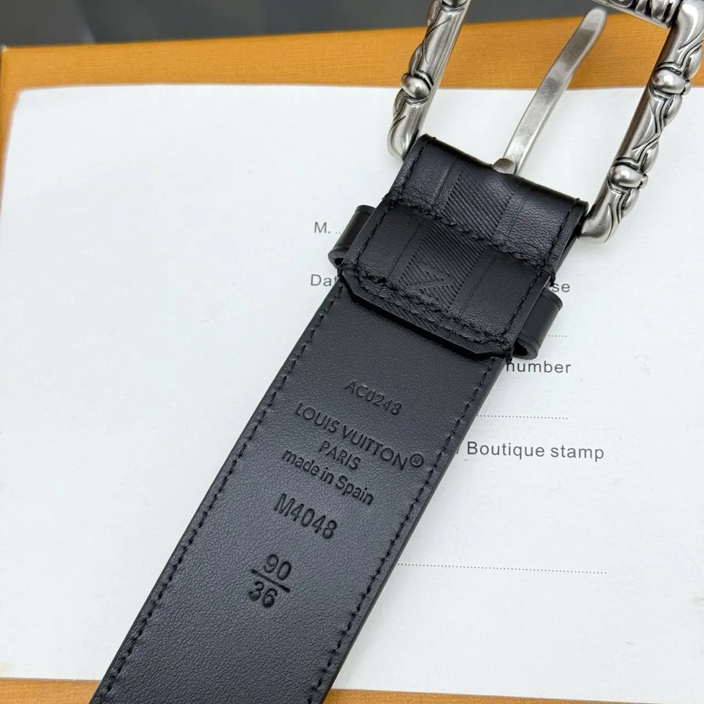 black Louis Vuitton Ornate Buckle Belt - Hình 7