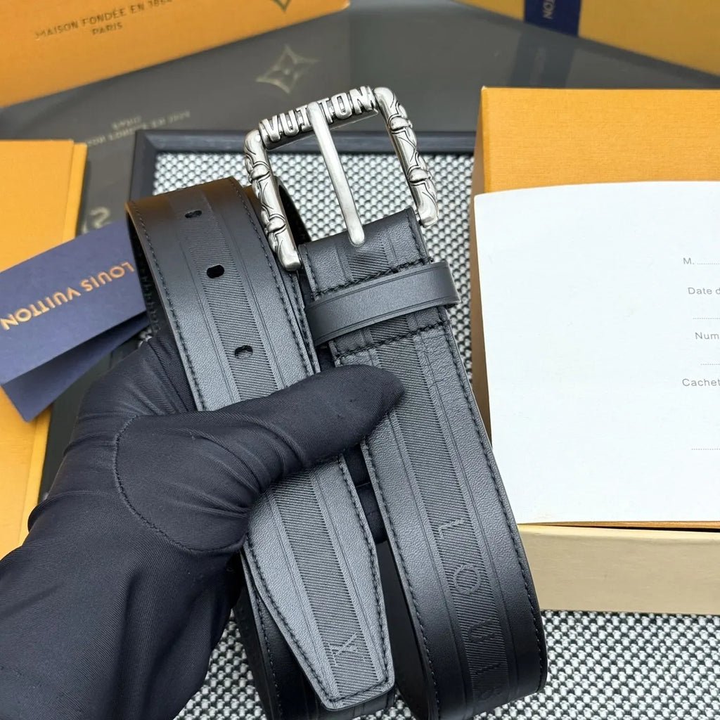black Louis Vuitton Ornate Buckle Belt - Hình 8