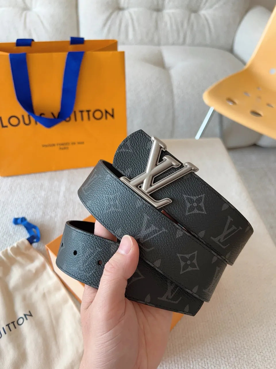 silver buckle Louis Vuitton Gray Monogram Belt