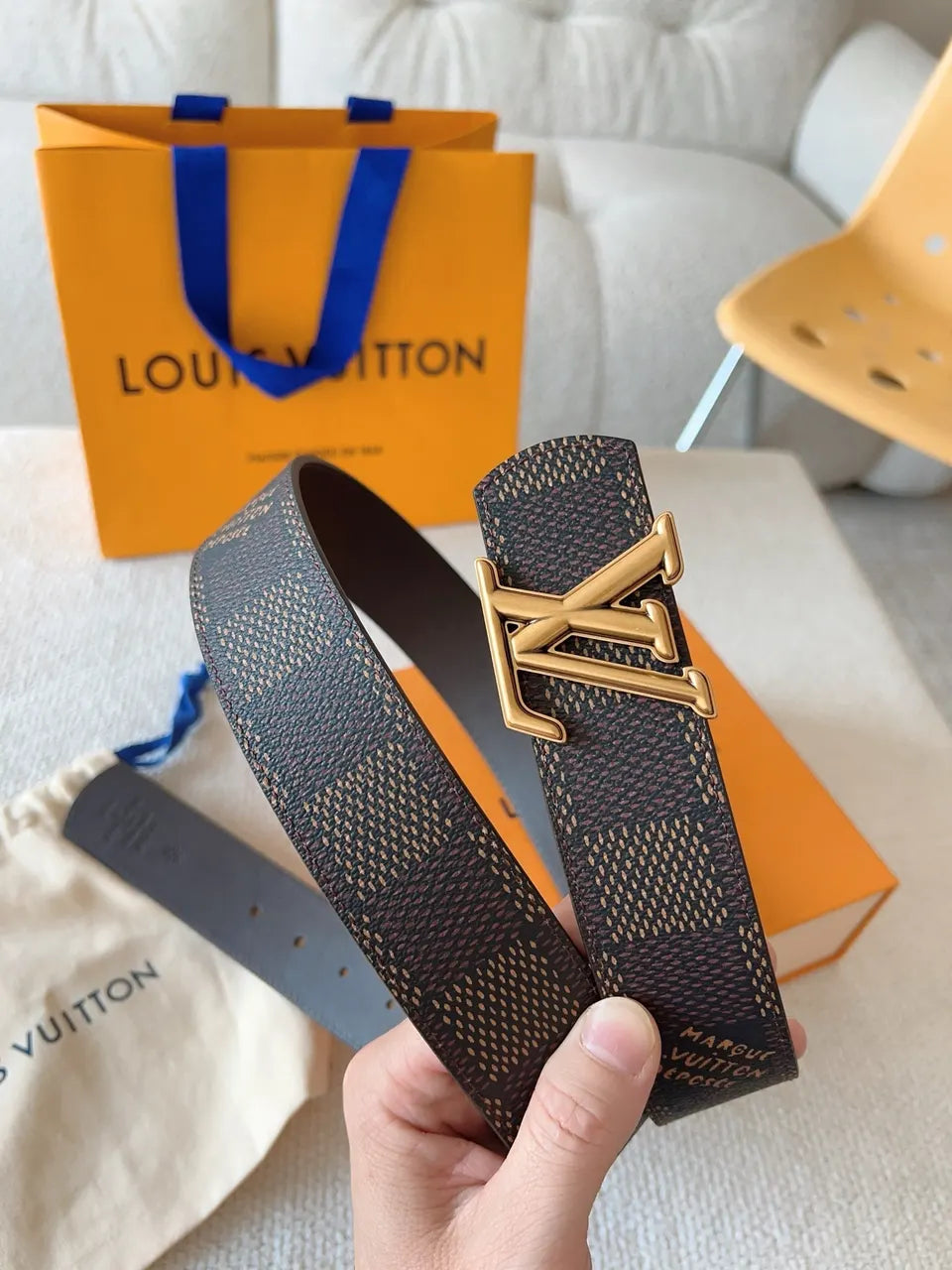 Louis Vuitton Damier Azur Belt gold lv - Hình 2