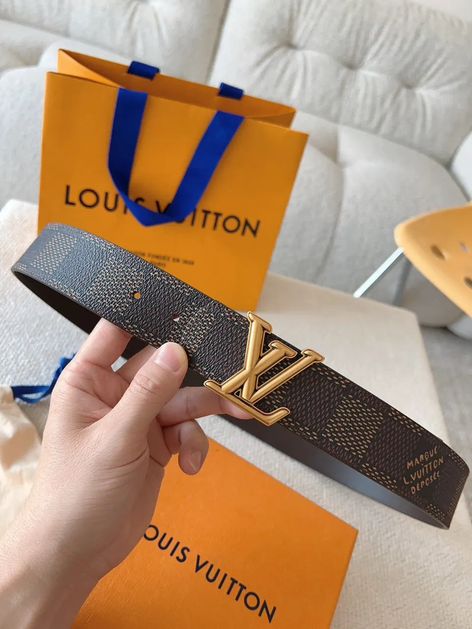 Louis Vuitton Damier Azur Belt gold lv - Hình 3
