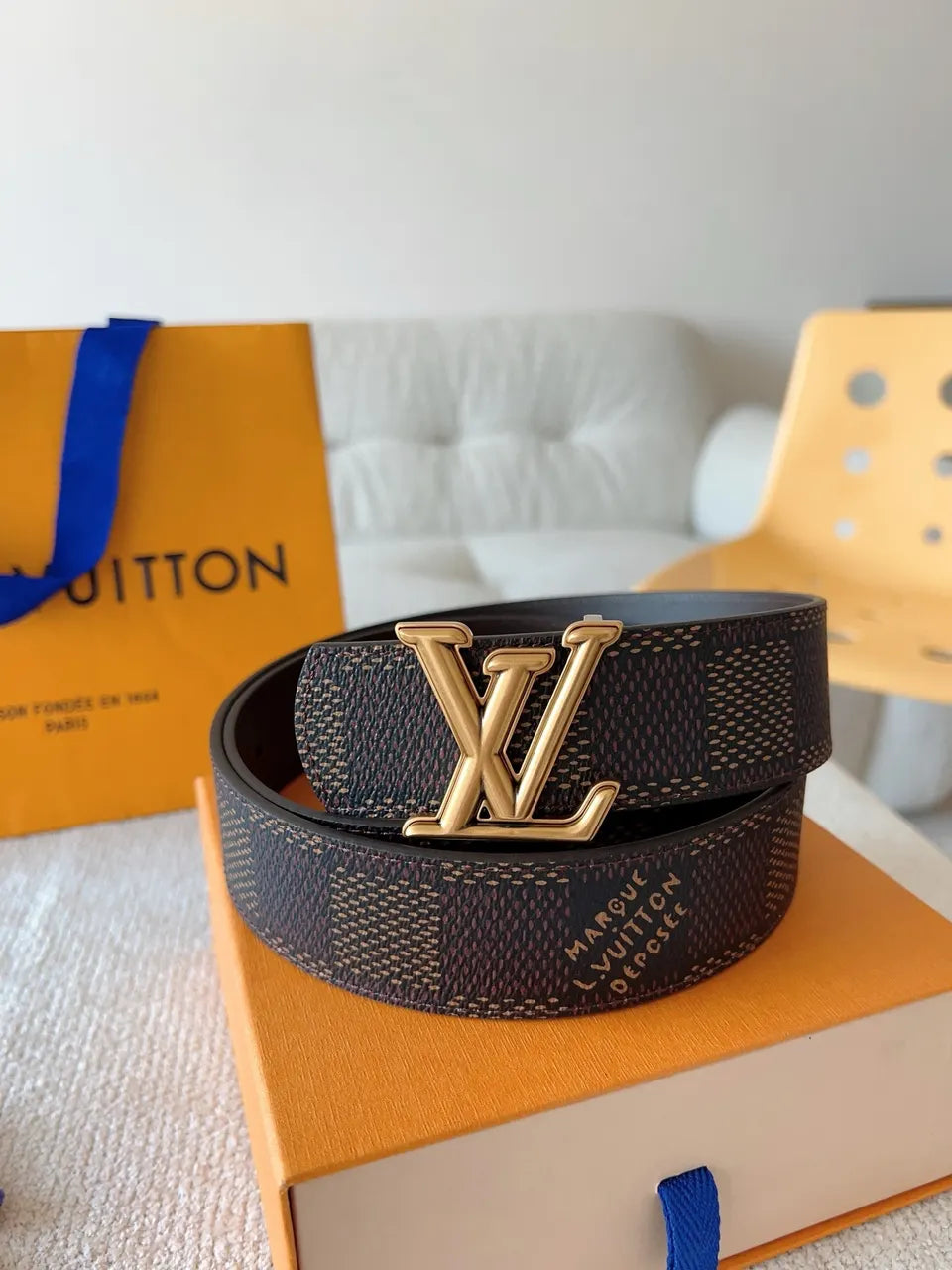 Louis Vuitton Damier Azur Belt gold lv - Hình 5